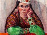 une peinture à l'huile représentant une femme assise à une table, la main posée sur le menton