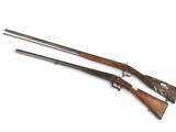 a pair of two rifles, one with a wooden handle and the other with a metal handle