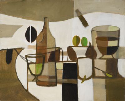 un tableau représentant une table sur laquelle se trouvent un verre à vin et une bouteille