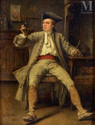 tableau représentant un homme assis sur une chaise, tenant un verre de vin
