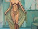 painting of a nude woman standing in a room with a green curtain