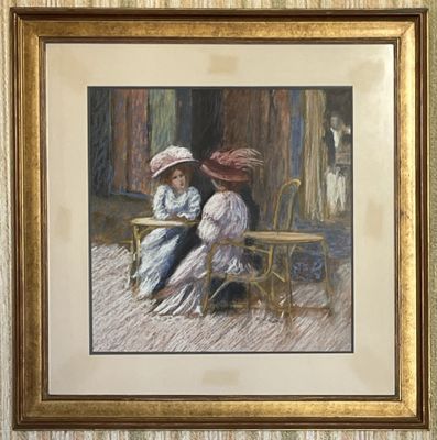 painting of two women sitting at a table with a dog in the background