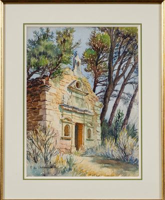 une image représentant une peinture d'une vieille église dans les bois