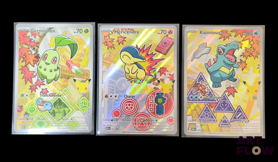 Des cartes à collectionner Pokémon sont alignées sur un fond noir