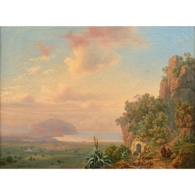 un tableau représentant un paysage de montagne avec du bétail paissant au premier plan