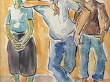 tableau représentant trois hommes debout côte à côte, dont l'un montre du doigt l'autre