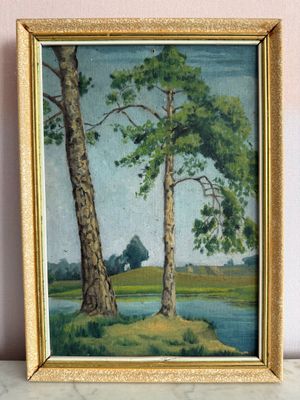 tableau représentant deux arbres au bord d'un lac, dans un cadre doré