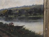 an oil painting of a river scene with a boat in the foreground