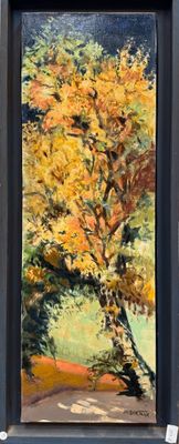 une peinture à l'huile représentant un arbre aux feuilles jaunes, dans un cadre noir