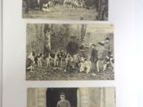 two old black and white photos of a man and a group of dogs