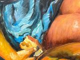a painting of a woman sitting at a table with a bowl of fruit