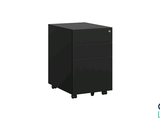 black filing cabinet with three drawers on wheels on a white background