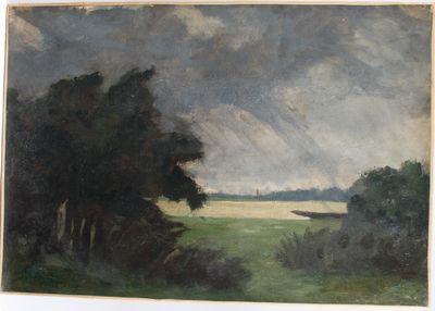 une image d'une peinture représentant un paysage avec des arbres et une rivière