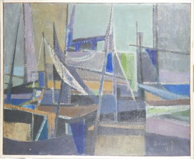 un tableau représentant des bateaux amarrés dans un port, sur l'eau