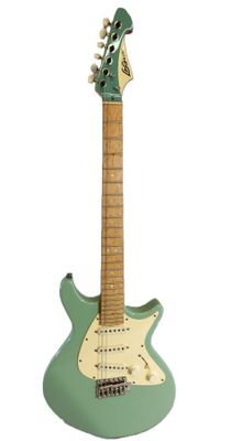 an electric guitar with a green body on a white background