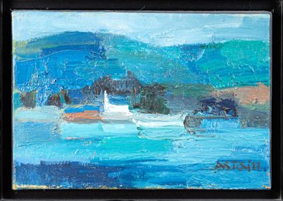 a painting of a boat in the water with a mountain in the background