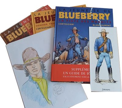 plusieurs livres sur fond blanc, avec le dessin d'un homme portant un chapeau de cow-boy