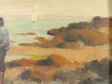 a painting of a man standing on the beach looking out at the water
