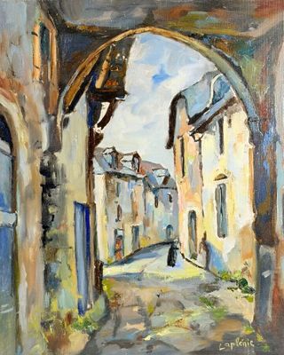 an oil painting of a street scene with a person walking through an archway
