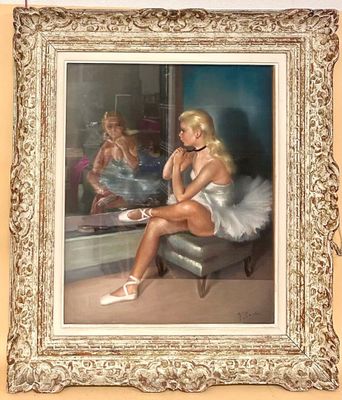 a painting of a woman sitting on a chair in front of a mirror