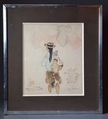 tableau représentant un homme avec un chien et un chat posés sur une étagère
