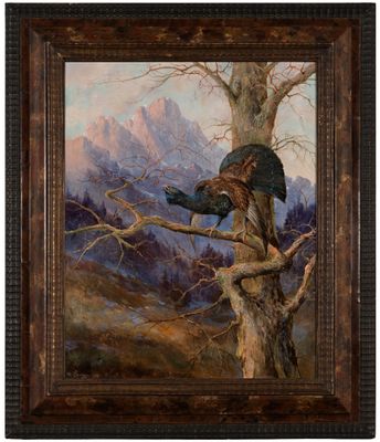 an oil painting of a bear climbing a tree in the mountains
