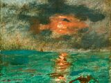 an image of a painting of a sunset over a body of water