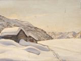 painting of a small cabin in the snow with a mountain in the background