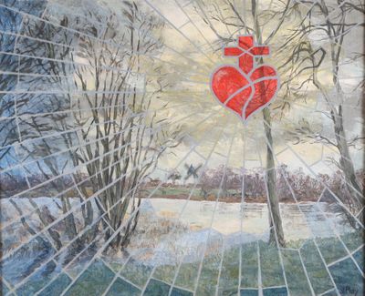 a painting of a broken window with a broken heart on it