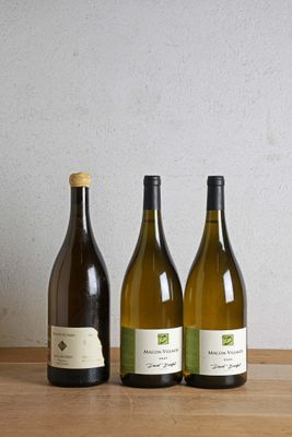 trois bouteilles de vin posées sur une table en bois à côté d'une bouteille de vin