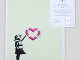a girl holding a pink heart balloon in front of a green background