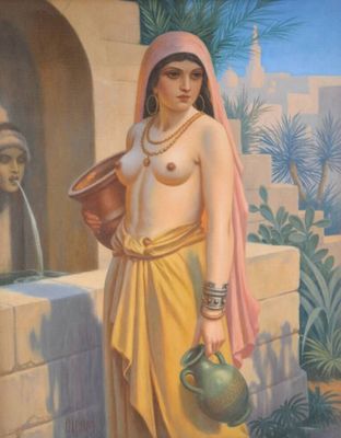 un tableau représentant une femme tenant un faitout et une cruche d'eau