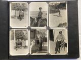 several black and white photos of a woman sitting on a bench