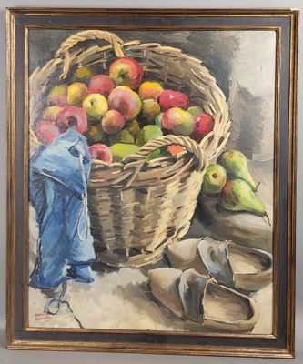 une peinture à l'huile représentant un panier de pommes et de poires posé sur une table