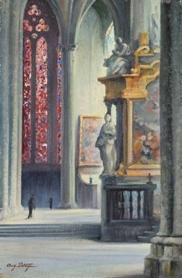 painting of a painting of a church with a statue in the foreground