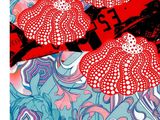 an image of a red and blue poster with red and white umbrellas
