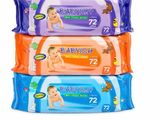 three packs of baby wipes sitting on top of each other