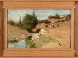 une image d'une peinture de vaches dans un champ