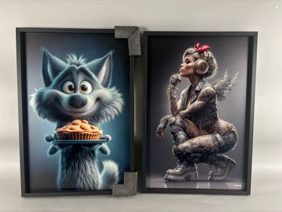two framed pictures of a cat and a woman with food
