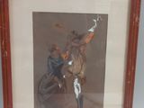 painting of a man and a woman holding a sword in a wooden frame