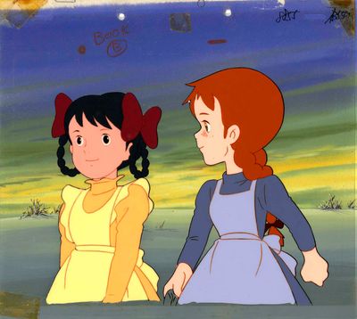cellule d'animation représentant une jeune fille et une autre jeune fille en robe jaune