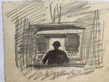 a drawing of a man sitting in front of a computer