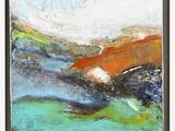 une peinture représentant un paysage avec des montagnes et un ciel en arrière-plan