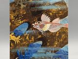 an image of a painting of a bird flying over a body of water