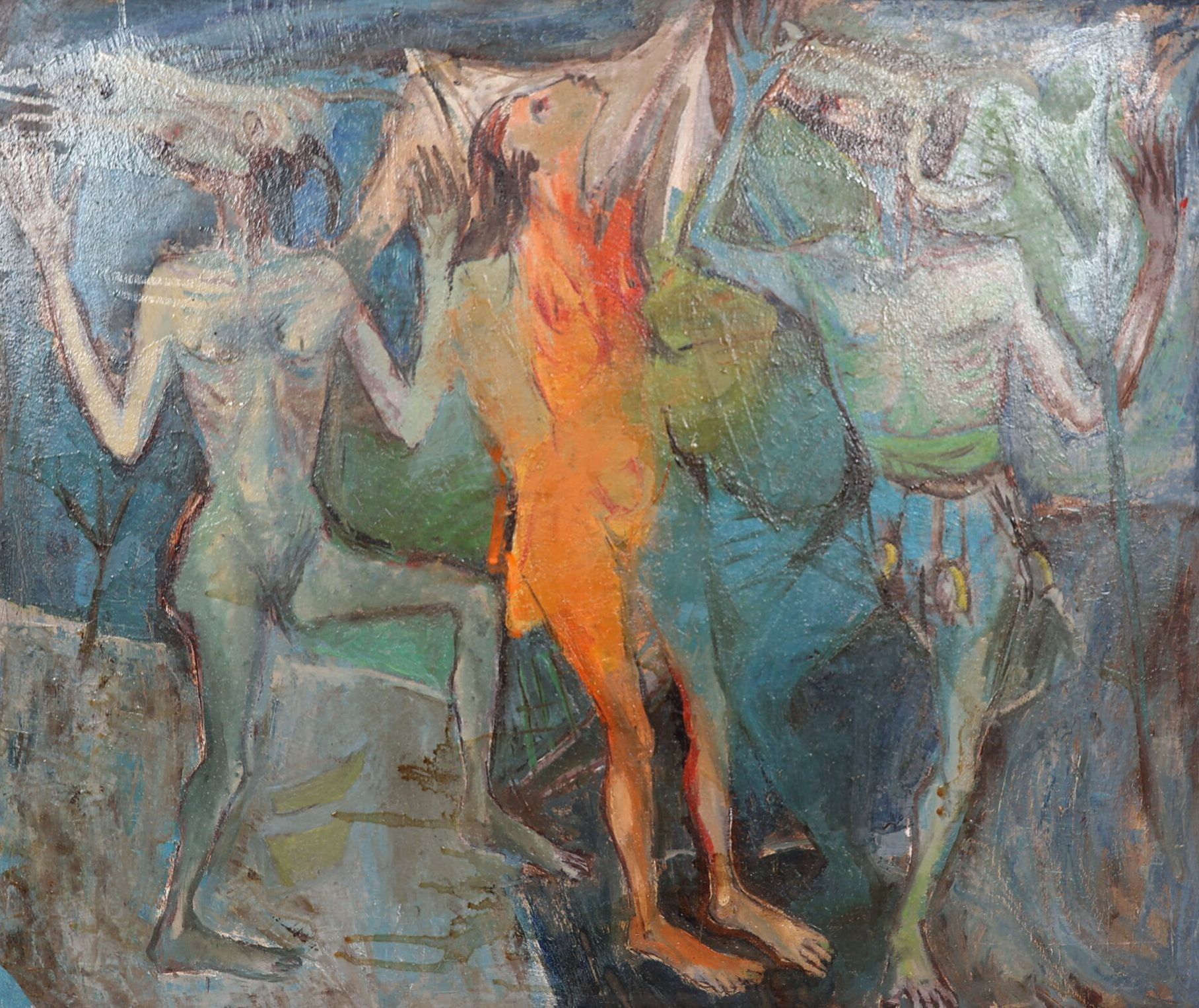 École étrangère contemporaine. Personnages zoomorphes. Huile sur panneau d'isorel, inscription au revers. H_55 cm L_6...