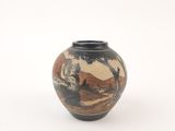 a small vase with a painting on it on a white surface
