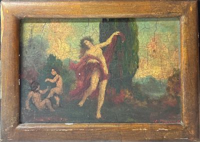 un vieux tableau représentant une femme et deux hommes dans un décor boisé