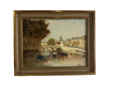une image représentant un tableau montrant des bateaux sur une rivière, avec un pont en arrière-plan