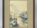painting of a view of a harbor with boats in the water
