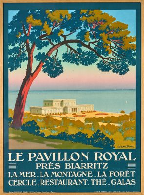a poster of a large tree in front of a large building